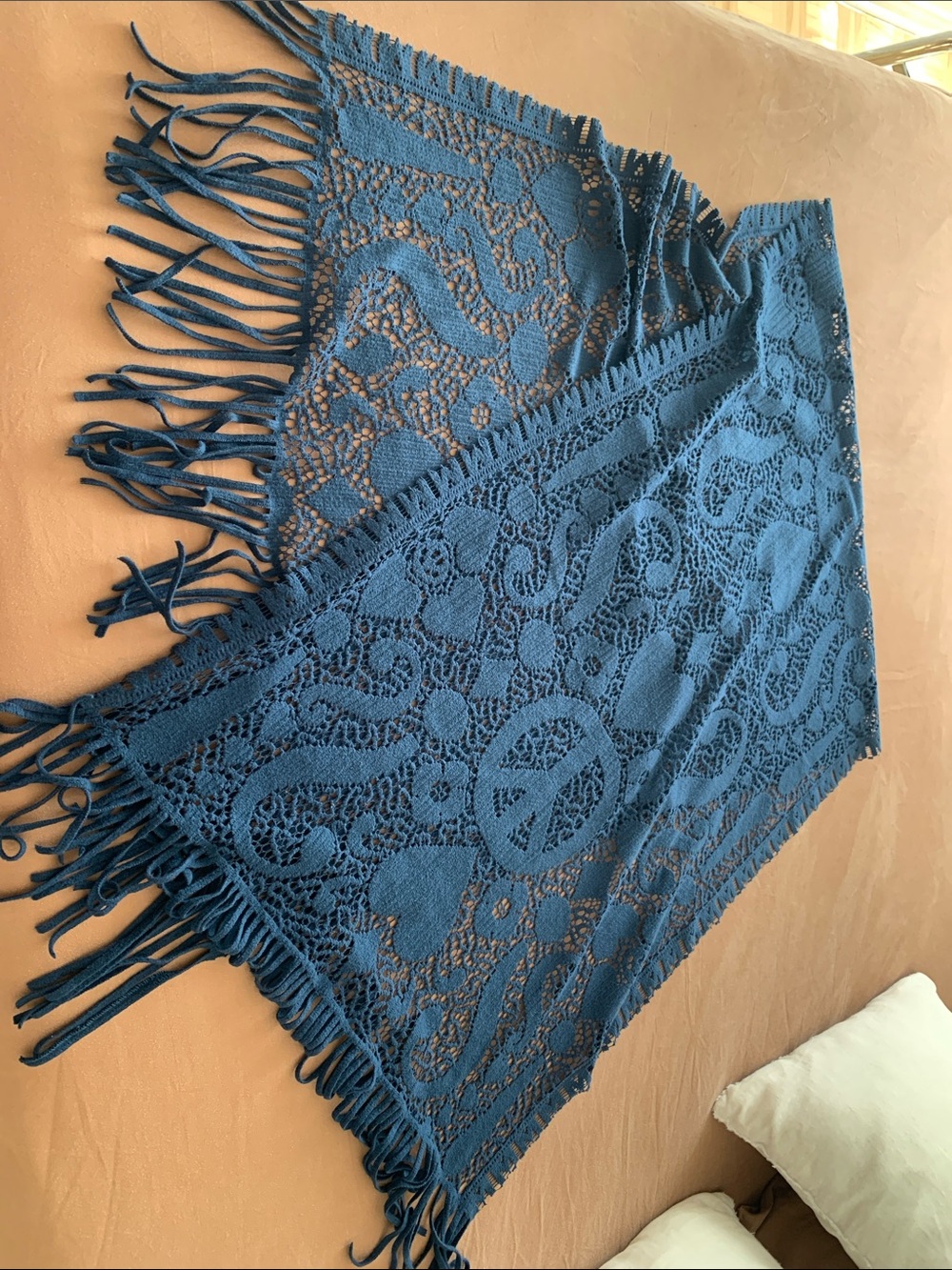Moschino Teal Blue Lace Fringe Shawl Scarf